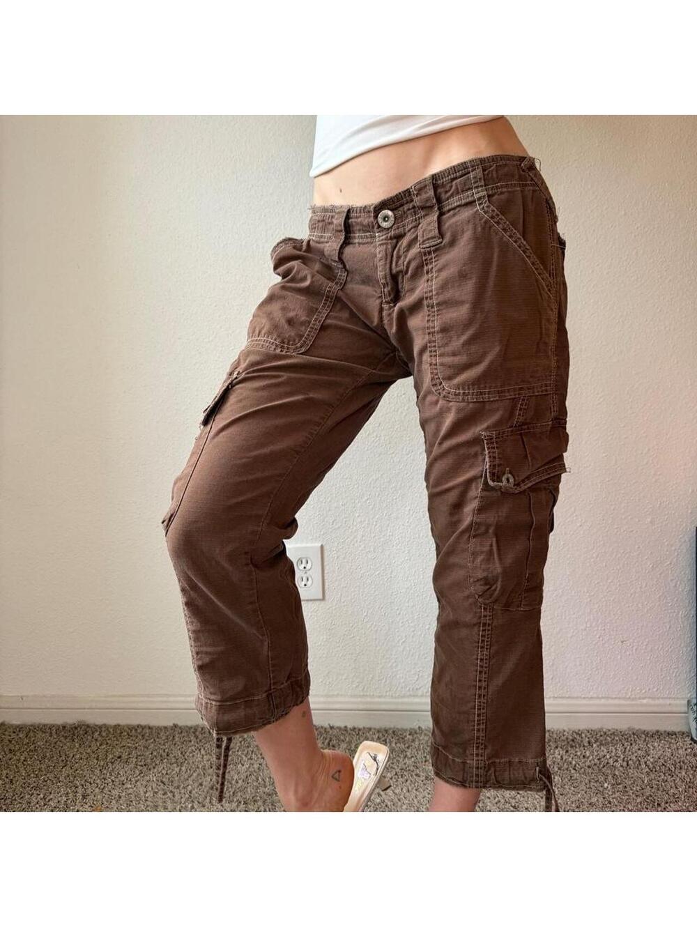 Vintage authentic rare y2k low rise wide leg brown cropped cargo pants / capris